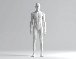 A plain white anatomical mannequin stands in full view, showcasing sculpted musculature against a blank, neutral background