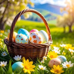 A wicker basket filled with colorful Easter eggs sits among blooming flowers in a sunny, green meadow