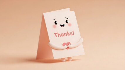 Cute cartoon character thank you card holding a pink heart on a pastel background.