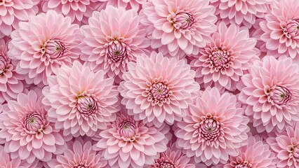 Full frame top view of numerous pink dahlia flowers forming a lush and vibrant floral pattern