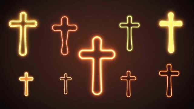 Neon crosses in various colors on a dark background.