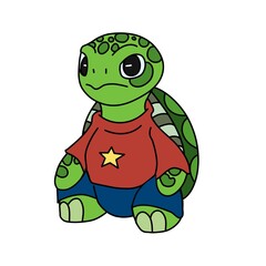 Fototapeta premium Grumpy green turtle cartoon character with a yellow star print red shirt and blue pants on a white background.