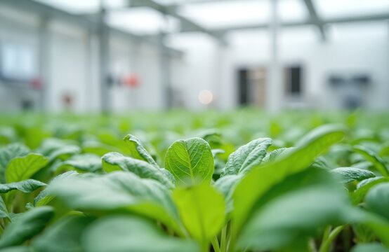 Rows of green seedlings grow in bright modern greenhouse facility. Scientists monitor plant cultivation using advanced agricultural technology. Healthy vegetables develop for sustainable food - Powered by Adobe