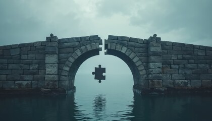 Stone bridge with missing jigsaw piece over water. Symbolizes a gap in knowledge or skills needed to cross. Represents challenges and solutions in problem solving.