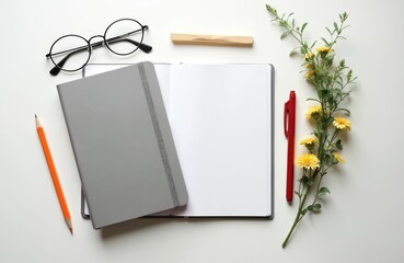 Open notebook with blank pages next to gray cover. Orange pencil red pen glasses and plant with yellow flowers on white table. Ready for notes plans and ideas.