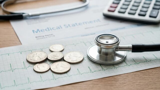 Healthcare Costs Medical Statement Document with Stethoscope Coins and Calculator on Desk