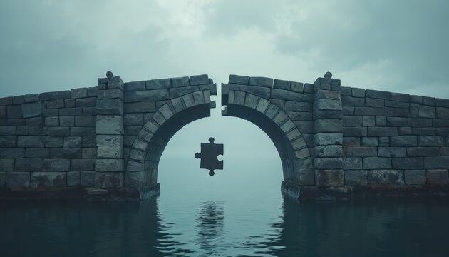 Stone bridge with missing jigsaw piece over water. Symbolizes a gap in knowledge or skills needed to cross. Represents challenges and solutions in problem solving.