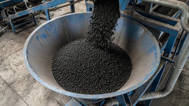 Industrial manufacturing process Gray plastic pellets pouring into large blue funnel from conveyor belt in dusty factory interior with