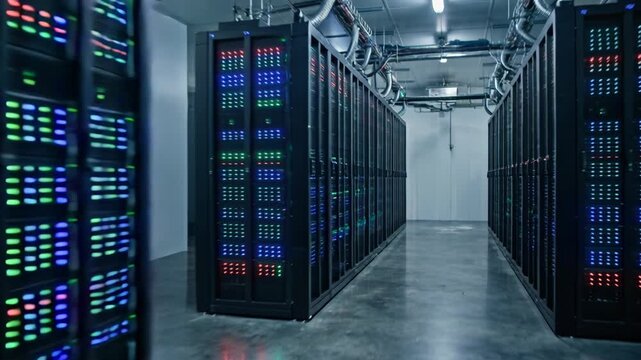 Modern Data Center Server Racks Glowing With Blue Green Red Lights Illuminated Hallway With Dark Atmosphere Technology Infrastructure