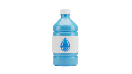 Blue water bottle with a water drop icon on a white label on transparent background