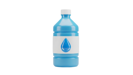 Blue water bottle with a water drop icon on a white label on transparent background