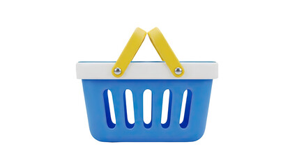 Blue shopping basket with yellow handles on transparent background