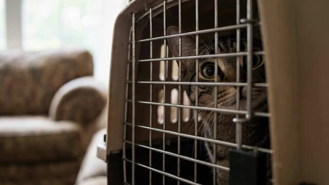 Tabby Cat Peeking Out of Pet Carrier in Living Room with Natural Window Light and Sofa Background