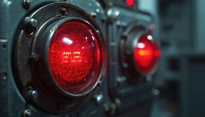 Close-up of industrial machine with glowing red warning light. Red indicator signals error or danger on complex equipment. Technical problem or safety alert.