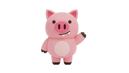 3D Cute cartoon pink pig waving hello on transparent background