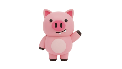 3D Cute cartoon pink pig waving hello on transparent background