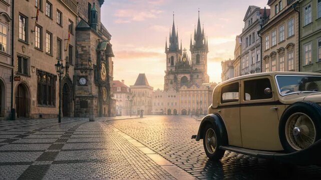 Vintage Luxury Automobile parked on cobblestone street Old Town Square Prague at sunrise warm golden hour light illuminating historic
