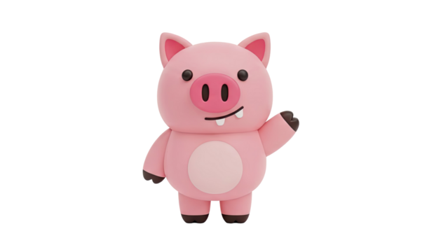 3D Cute cartoon pink pig waving hello on transparent background - Powered by Adobe