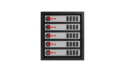 Server rack with five levels and indicator lights on transparent background