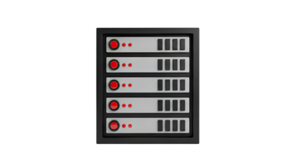 Server rack with five levels and indicator lights on transparent background