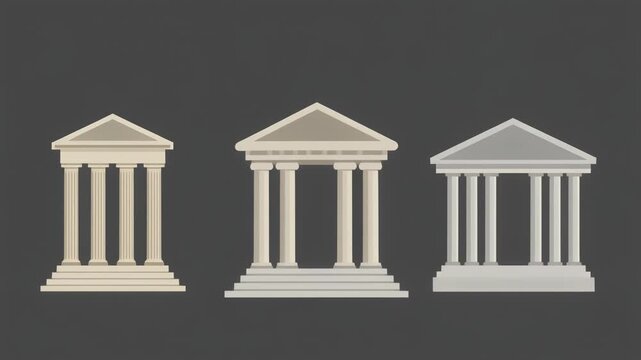 Three Ancient Greek Style Buildings with Columns and Triangular Roofs.