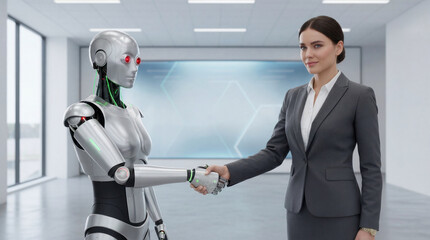 Businesswoman and robot handshake