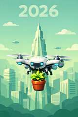 Futuristic Drone Delivering Potted Plant in a Green Urban Cityscape of 2026, Symbolizing Sustainable Technology and Eco-Friendly Future