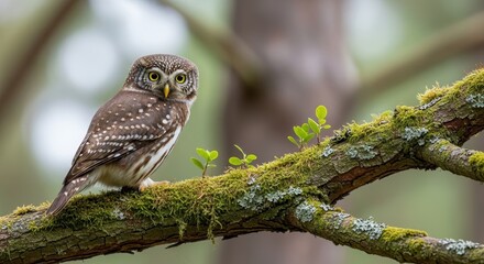 Eurasian pygmy owl perched gracefully on a moss-covered branch within lush woodland scenery