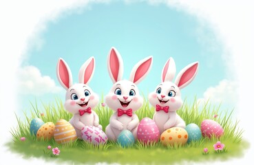 Obraz premium Three cute cartoon rabbits sit in green grass with colorful Easter eggs. They wear bow ties and smile under a blue sky with clouds, ready for spring fun and celebration.
