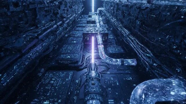 Futuristic technological advancement, electronic circuit, and energy flow in a cyberpunk cityscape