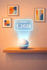 Futuristic Smart Speaker Projecting Holographic Calendar Date January 1, 2026 in a Modern Home Setting, Representing AI, Technology, and the Future.