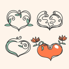 doodle love heart with plant flower set collection