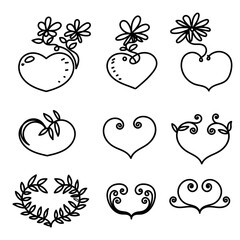doodle love heart with plant flower set collection