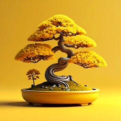 A stylized bonsai tree with golden leaves, presented against a vivid yellow backdrop, evokes serenity and harmony