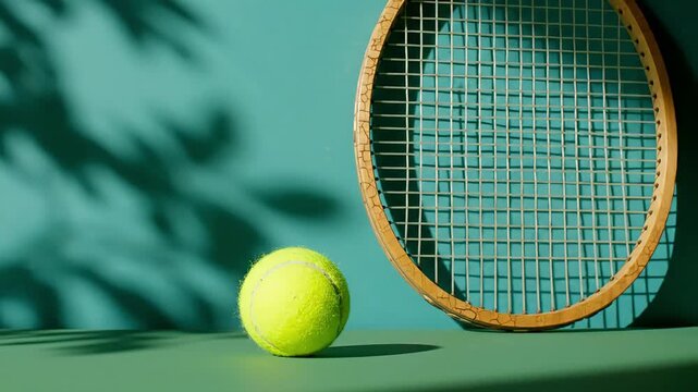 Classic Tennis Vibe Wooden Racket Ball and Tropical Shadows