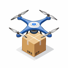 Blue delivery drone carrying a cardboard parcel box, isometric view, logistics and modern shipping technology concept. Generative AI