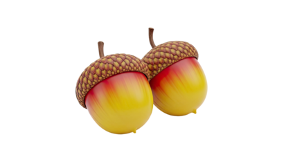 3D Two Acorns with Gradient Yellow Red Body and Brown Cap on transparent background