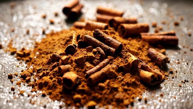 Cinnamon sticks and powder on a rustic surface.