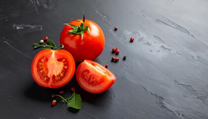 Fresh ripe tomatoes sliced and arranged on a dark stone surface, highlighting juicy texture and rich red color, perfect for culinary design, healthy food concepts, and premium food visuals.