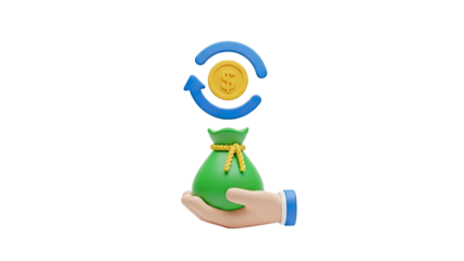 Money bag with exchange icon and dollar coin on transparent background