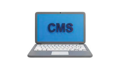 Laptop displaying CMS text on screen on transparent background