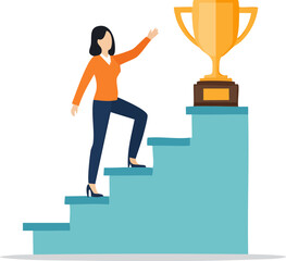 Businesswoman climbing a staircase toward a trophy, flat vector illustration for career growth and goals. Generative AI