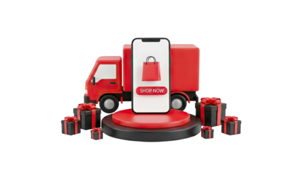 Online shopping delivery with phone, truck, and gifts on transparent background