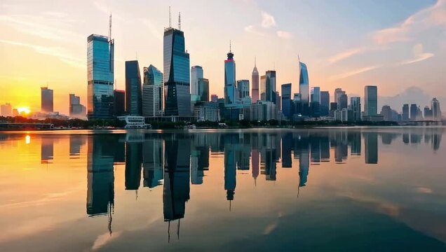 City skyline reflected in water at sunset.