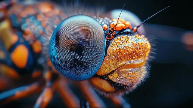 Close-up of a vibrant dragonfly with dew droplets on its face