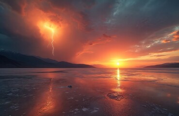Dramatic sky with lightning strikes over a vast salt flat during sunset. Reflections shimmer on the ice covered ground. Mountains form a silhouette on horizon.