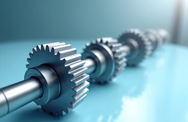 Row of metal gears aligned on a shaft. Precision mechanical parts in a line ready for assembly. Industrial machinery components for automotive production and motion.