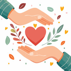 Hands holding a red heart surrounded by leaves, concept of self-care, love, and mental health. Generative AI