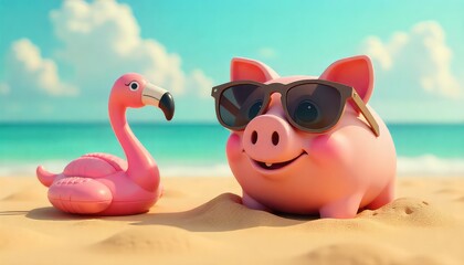 Playful pig and flamingo floatie on sunny beach vacation