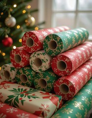 Colorful rolls of Christmas wrapping paper stacked near a decorated tree. The paper features festive patterns in red, green, and white.